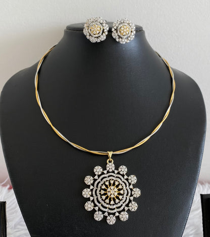 Two tone cz round flower pendant set with kanti necklace dj-54034
