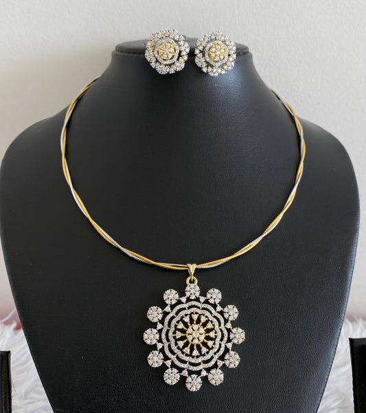 Two tone cz round flower pendant set with kanti necklace dj-54034