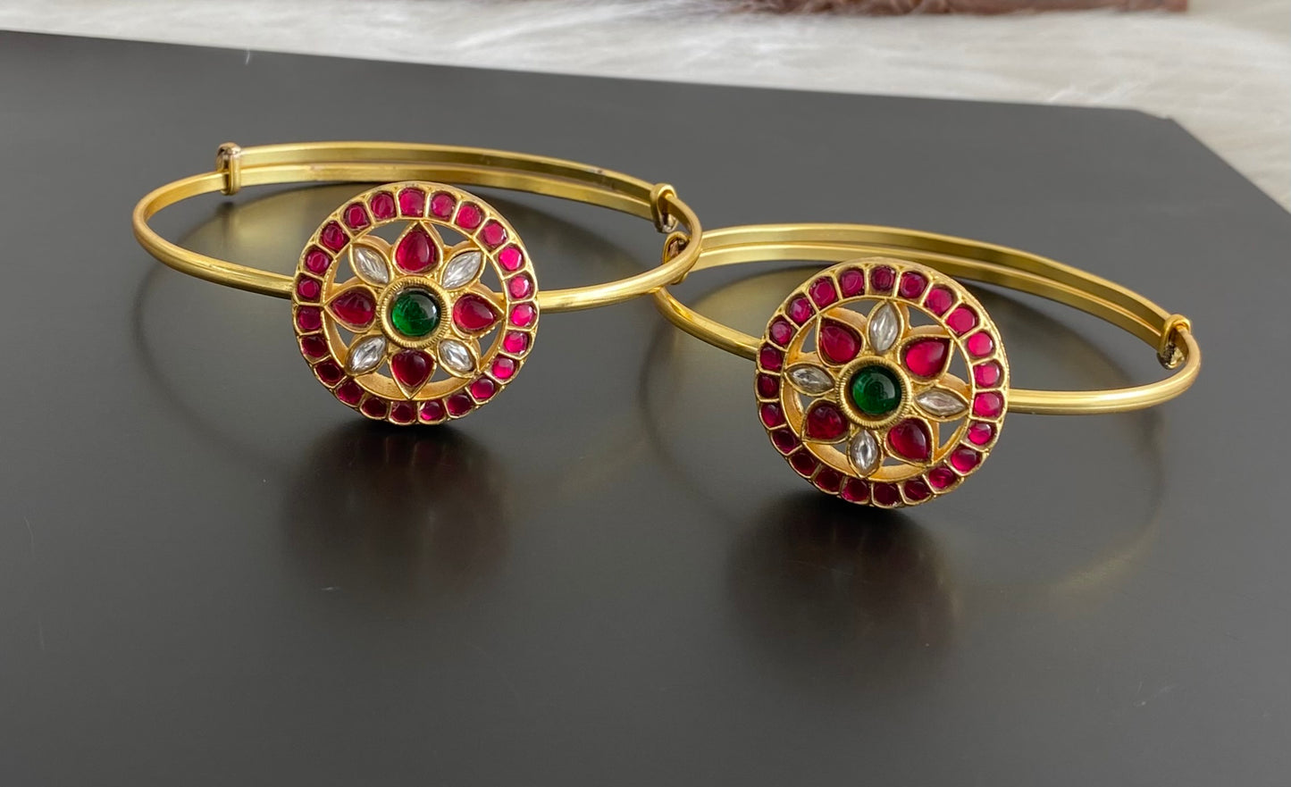 Gold tone kundan jadau kemp-green-white round flower baju band dj-53837