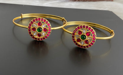 Gold tone kundan jadau kemp-green-white round flower baju band dj-53837