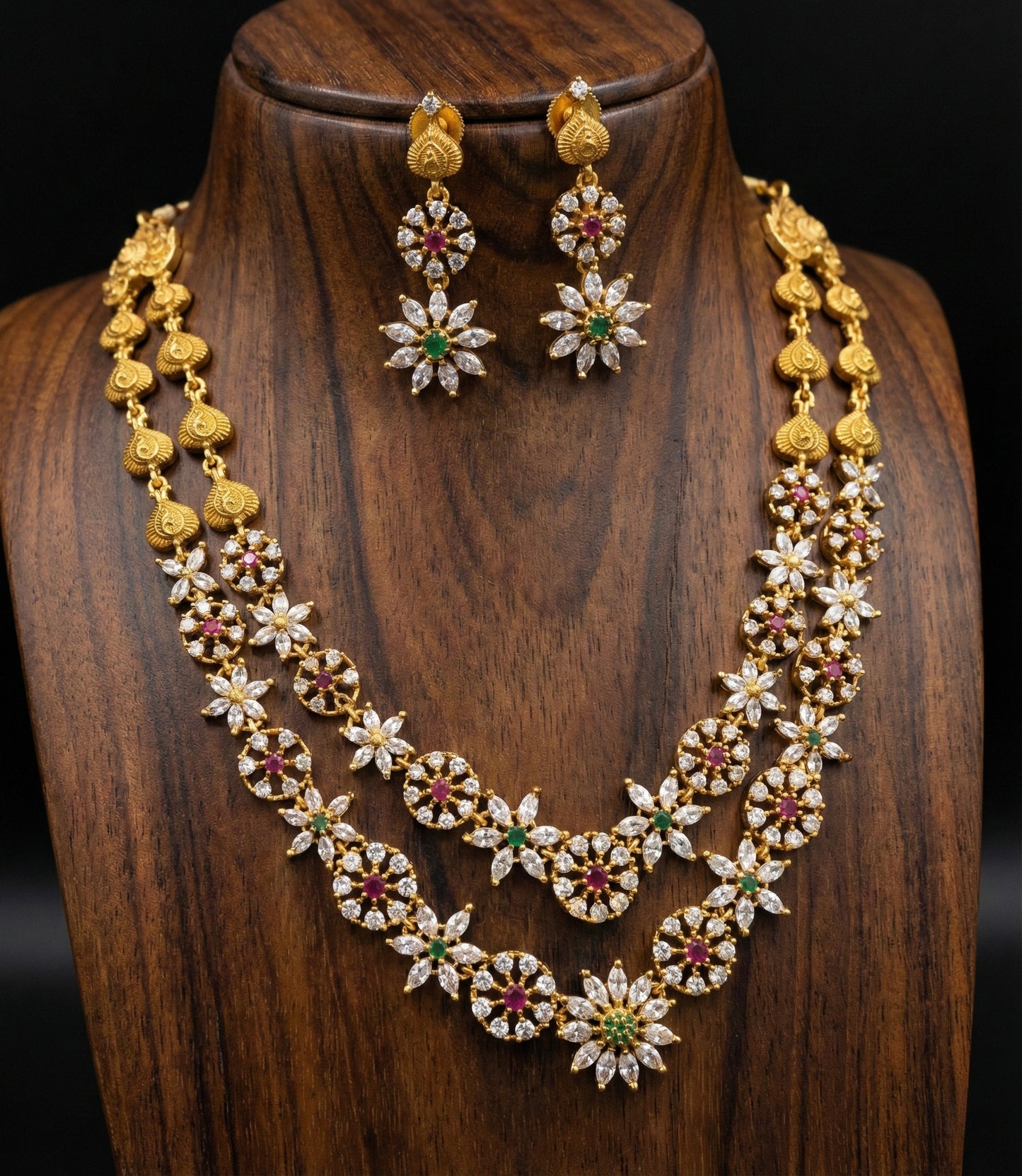 Matte finish cz ruby-green flower double layer necklace set DJ32070