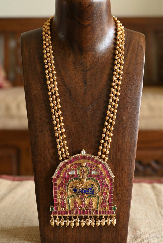 Antique gold tone pink-blue-green kundan jadau Shri Ranganathar necklace dj-52573