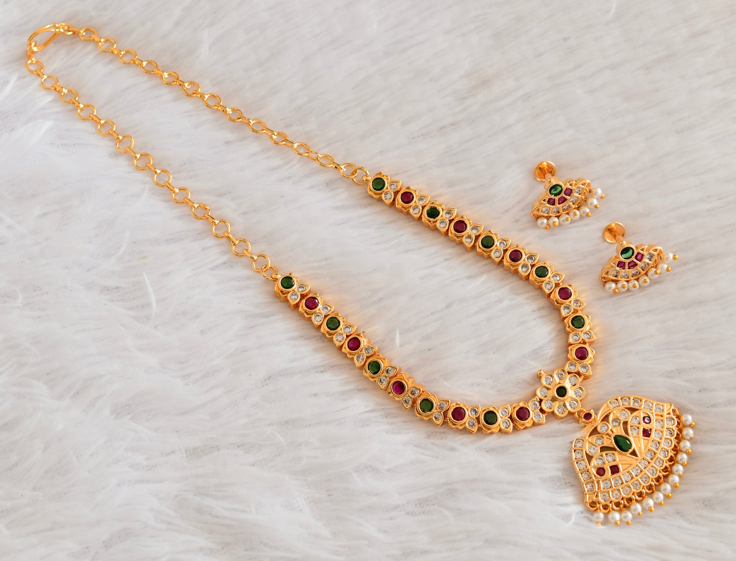Gold tone AD pink-green stone south Indian style necklace set dj-53299