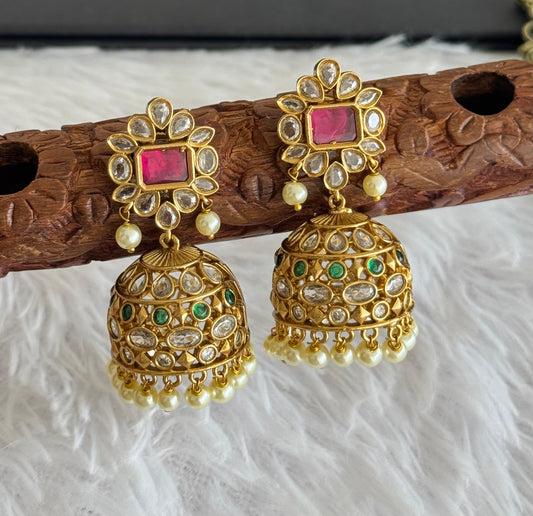 Matte finish ruby-green-white pearl block stone jhumkka dj-52102