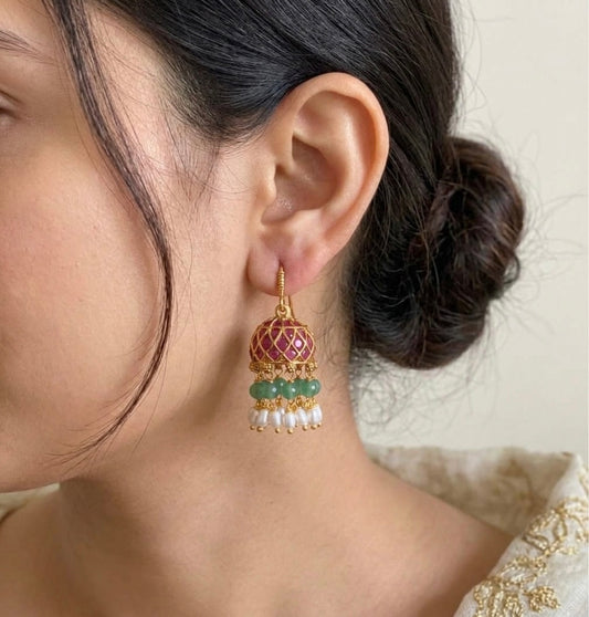 Gold tone pink kundan jadau green beaded rice pearl jhumkka dj-55096