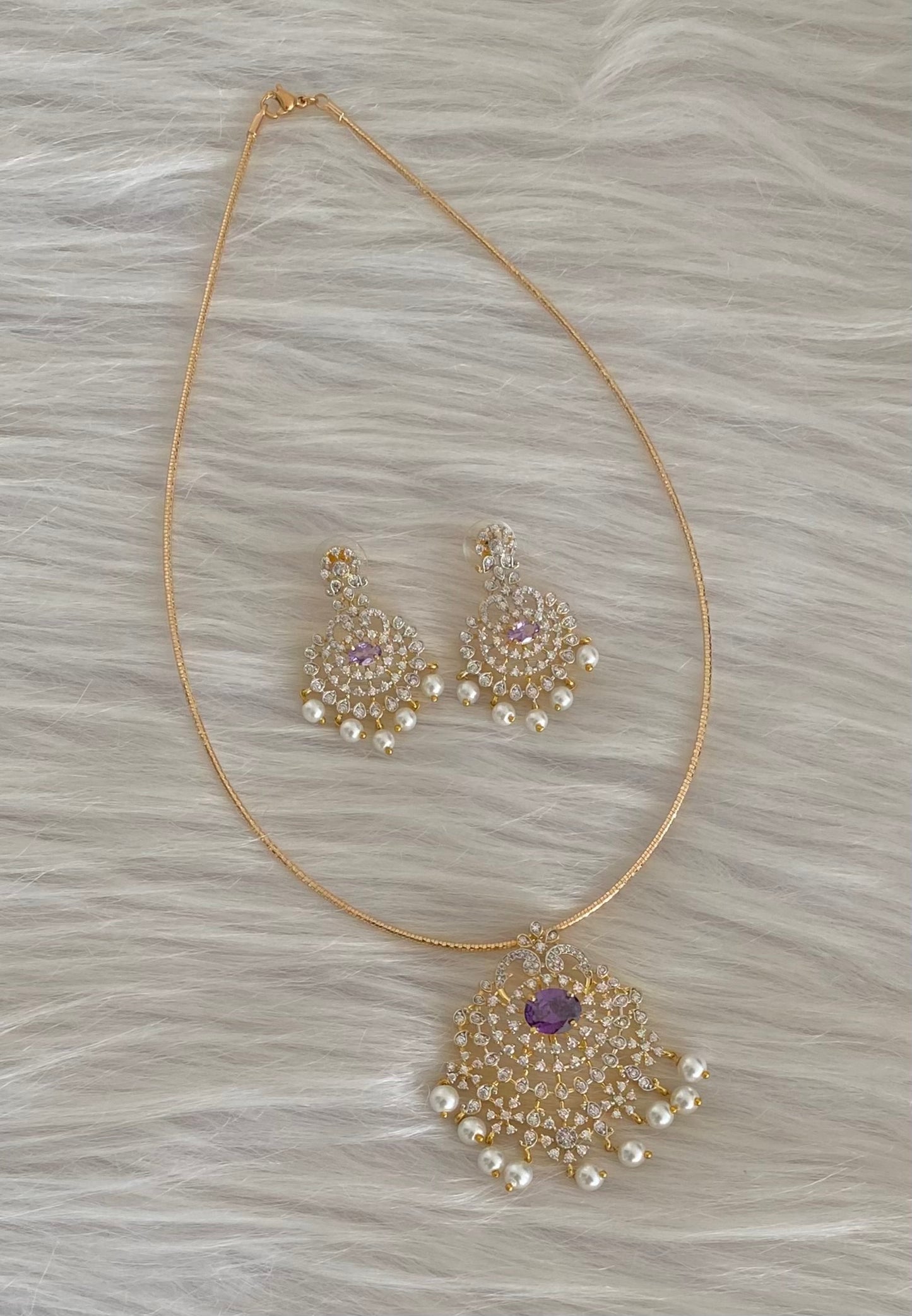 Two tone cz white-purple pearl pendant set with kanti necklace dj-54244