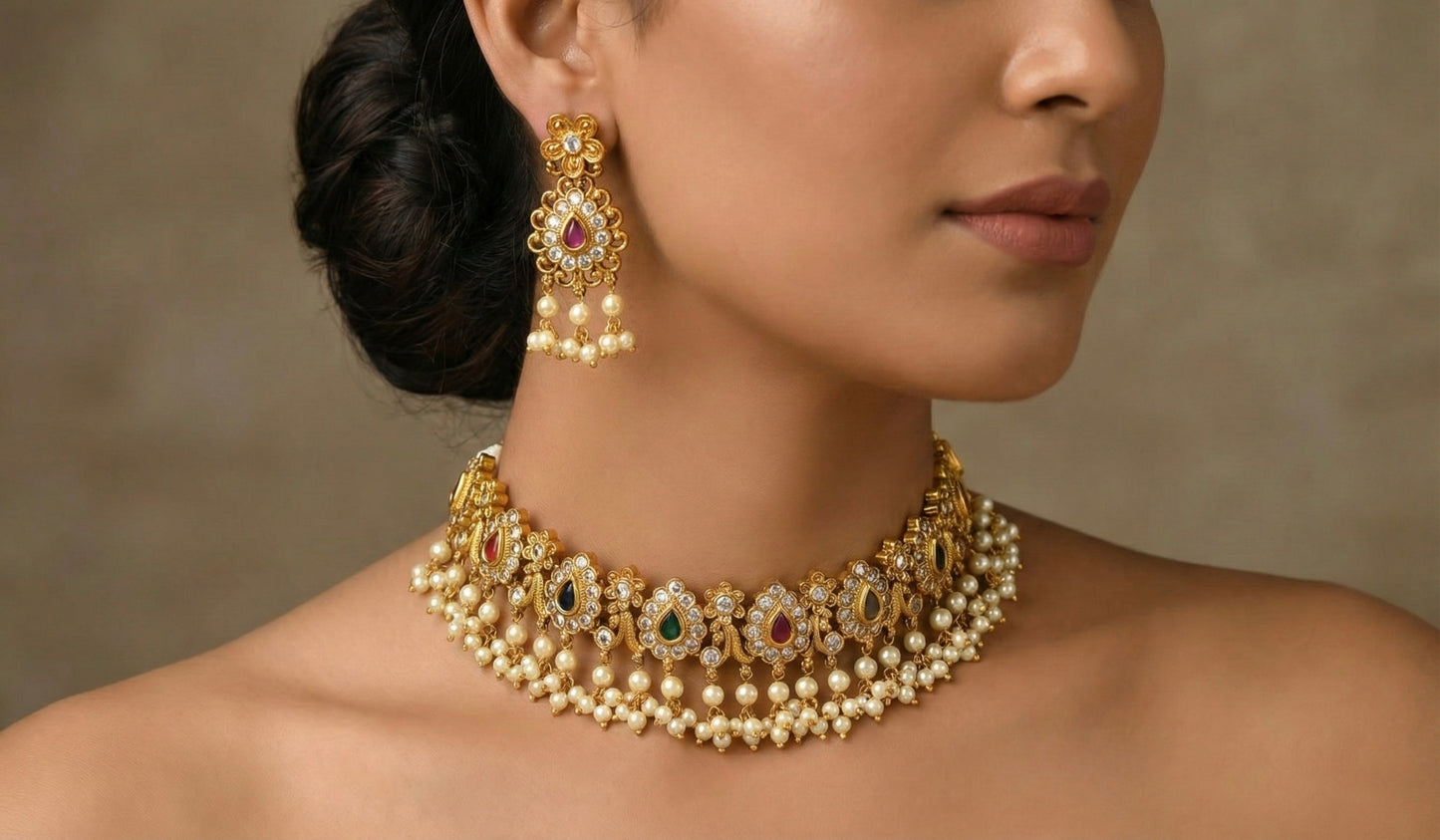 Matte finish navarathna stone gutta pusalu choker necklace set dj-39736