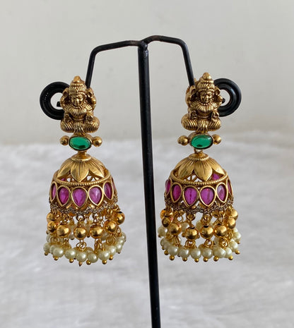 Antique gold tone kemp-green-white pearl lakshmi jhumkka dj-53567
