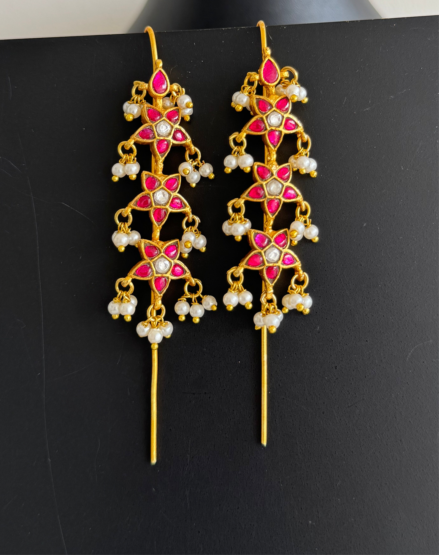 Gold tone pink-white kundan jadau flower bugadi earrings dj-51131
