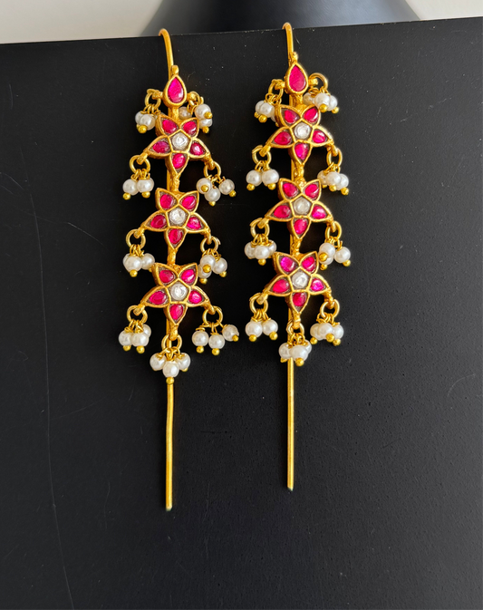 Gold tone pink-white kundan jadau flower bugadi earrings dj-51131