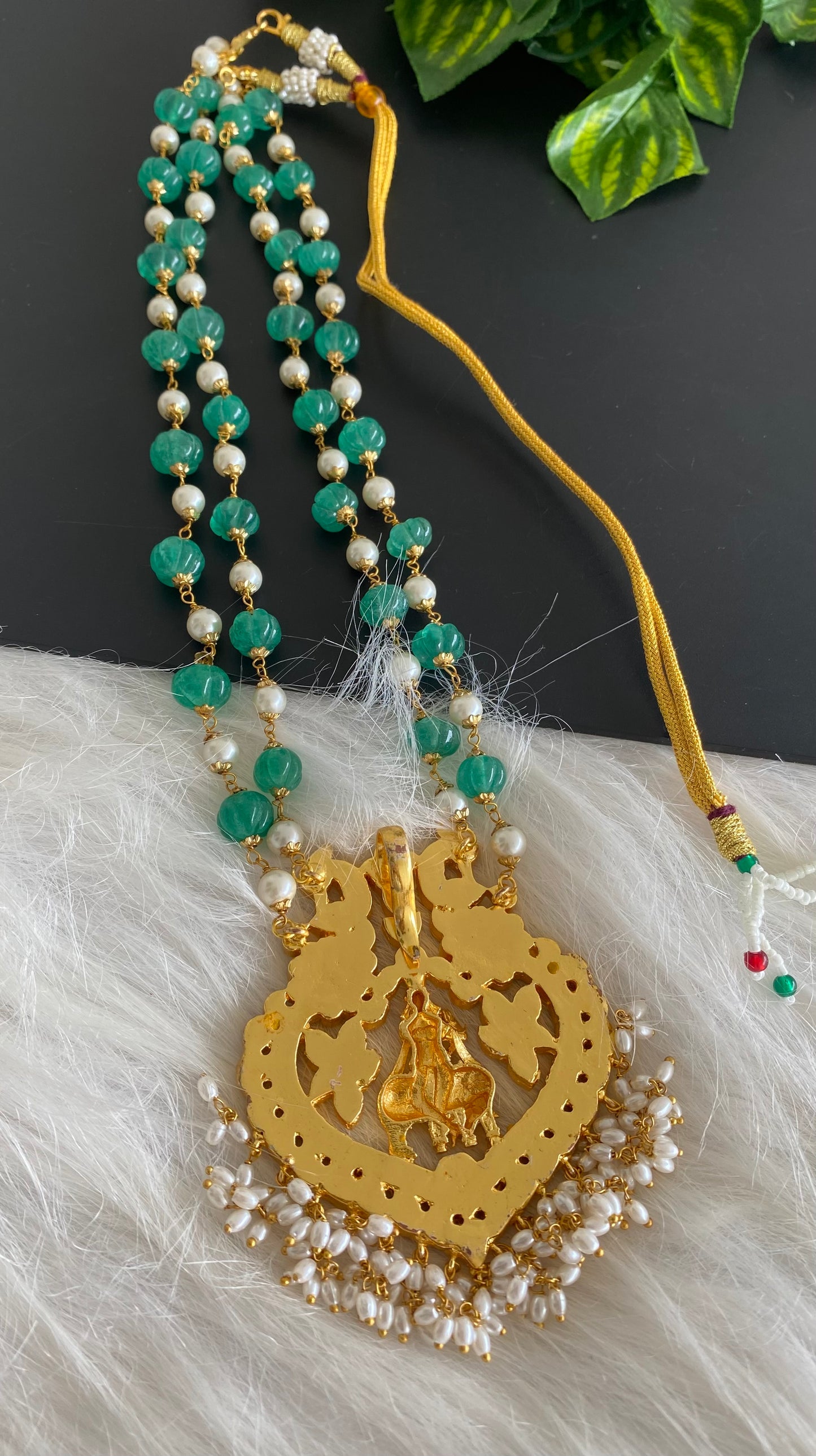 Gold tone pink-green-white kundan jadau Krishna haar dj-39568