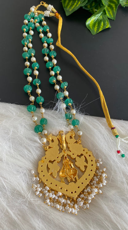 Gold tone pink-green-white kundan jadau Krishna haar dj-39568