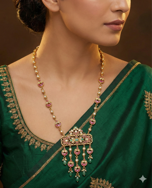 Gold tone pink-green-white kundan jadau green beaded moon short haar dj-49903