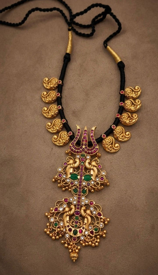 Matte finish trishul mango black thread necklace dj-53264