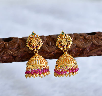 Gold tone kerala style pink-green lakshmi jhumkka dj-51805