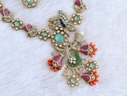 Antique gold tone cz ruby-sea green-coral peacock necklace set dj-53029