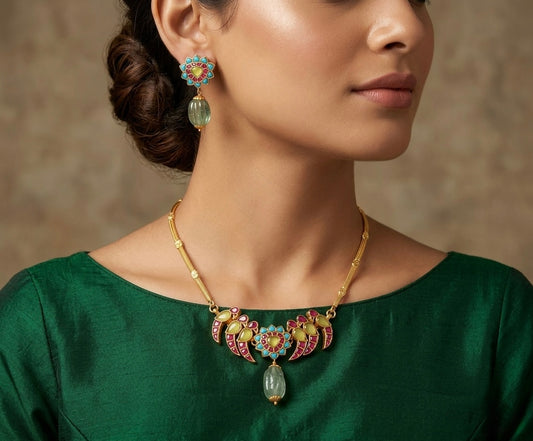 Gold look alike pink-green-blue peacock kundan jadau green beaded choker necklace set dj-50233