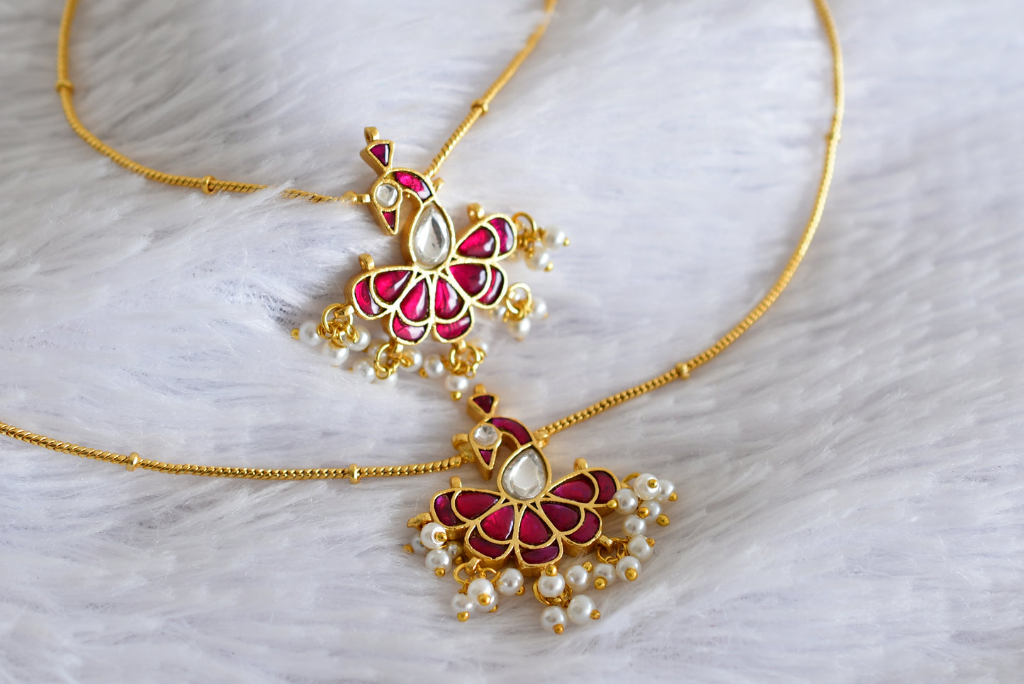 Gold tone pink-white peacock kundan jadau anklets dj-52399
