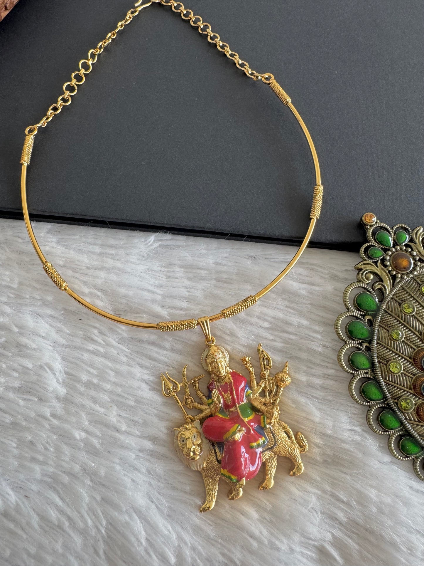 Matte finish Red meenakari Ma Durga pendant hasli necklace dj-52074