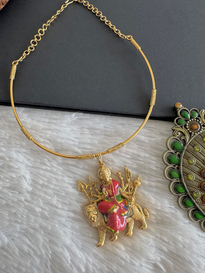 Matte finish Red meenakari Ma Durga pendant hasli necklace dj-52074