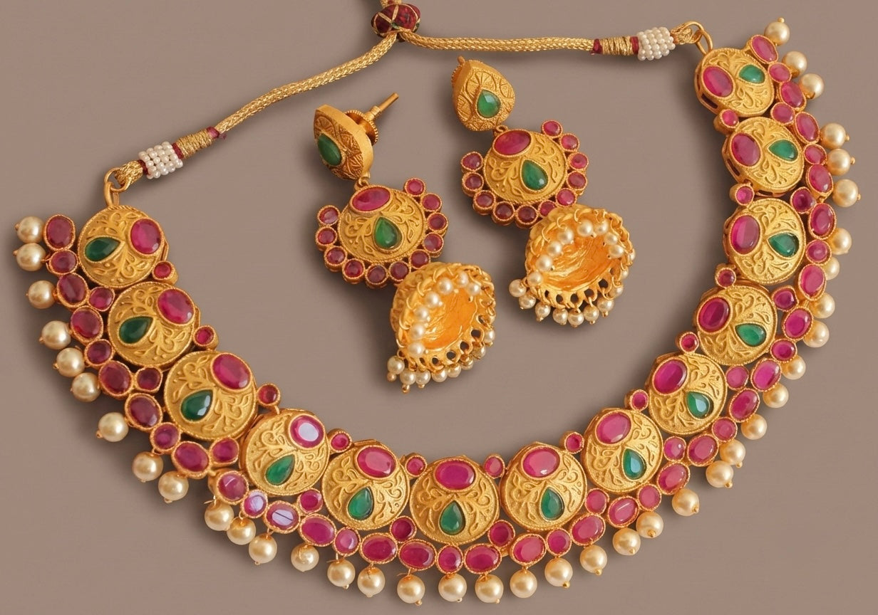 Matte finish ruby-emerald pearl necklace set-dj07794