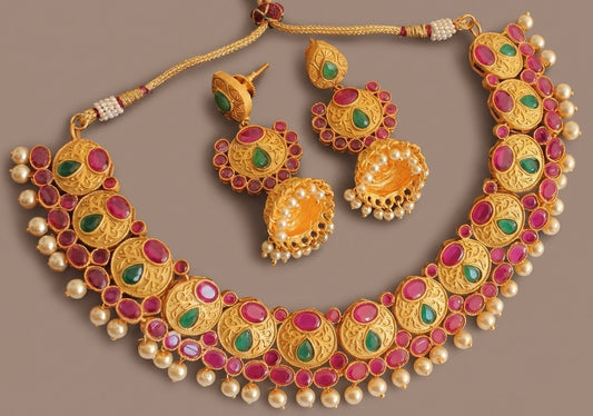 Matte finish ruby-emerald pearl necklace set-dj07794