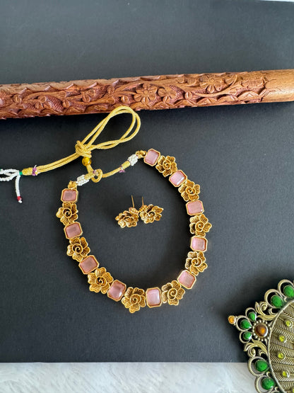 Antique gold flower baby pink block stone necklace set dj-52098