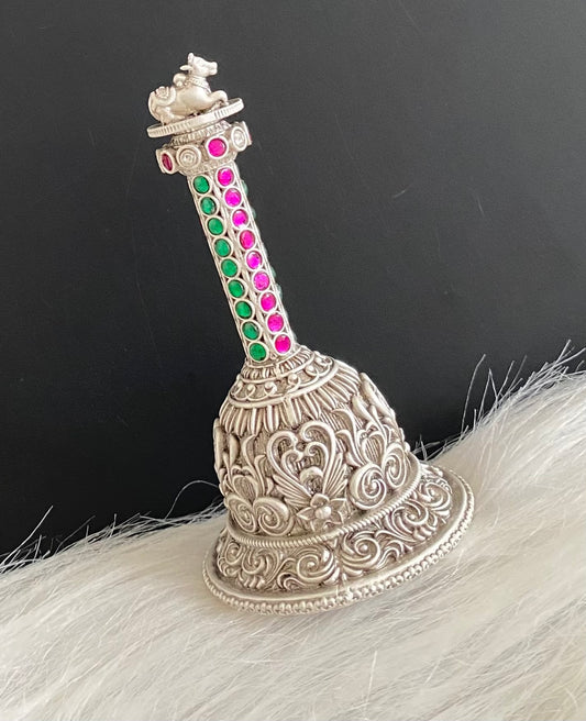 Silver tone pink-green stone shri nandhi bell dj-54231