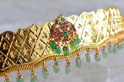 Gold tone pink-green-white kundan jadau flower waist band dj-52185