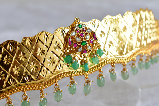 Gold tone pink-green-white kundan jadau flower waist band dj-52185