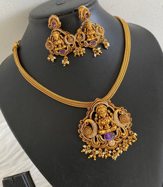 Antique gold tone purple-white stone lakshmi peacock necklace set dj-54266