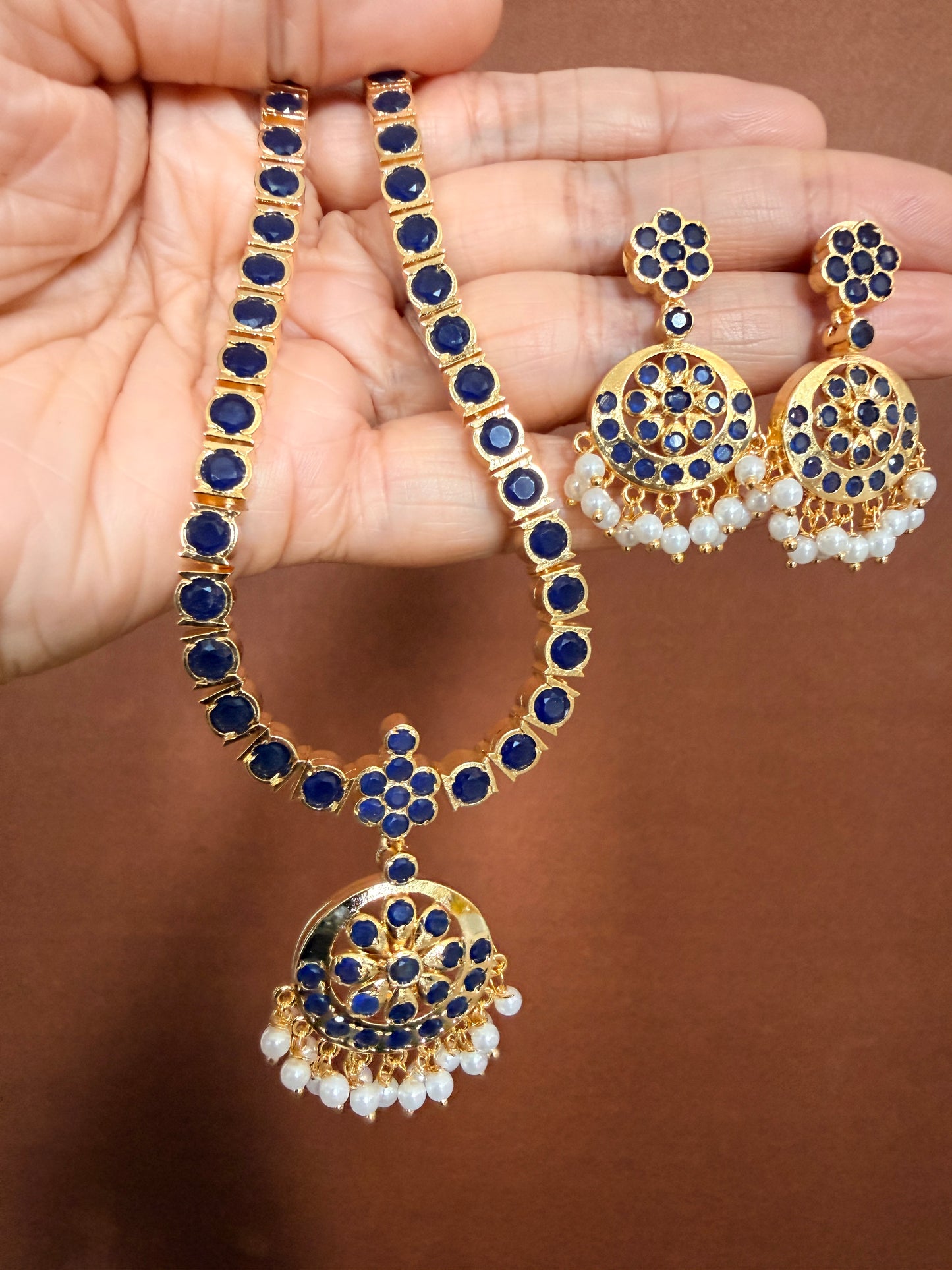Gold tone south Indian style dark blue attigai set dj-34634