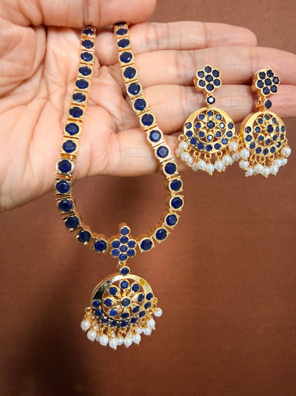 Gold tone south Indian style dark blue attigai set dj-34634
