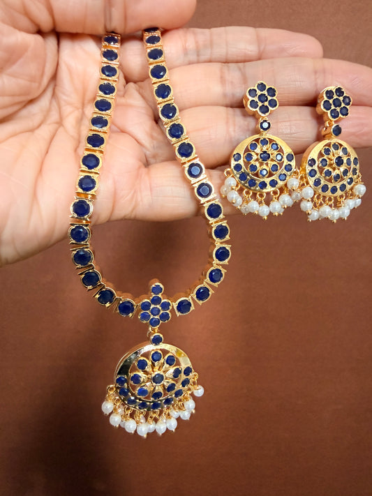 Gold tone south Indian style dark blue attigai set dj-34634