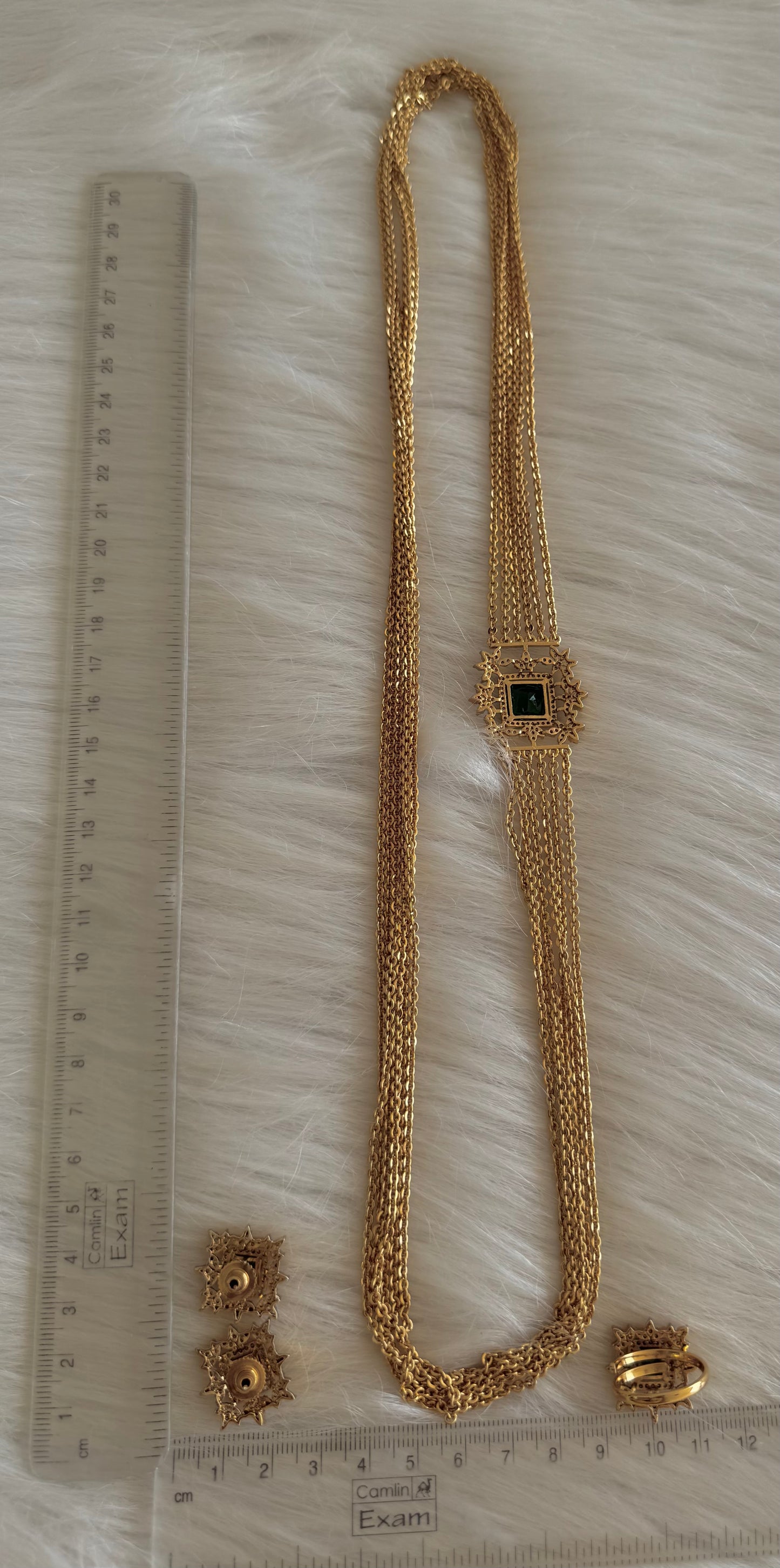 Matte finish cz green block stone mugappu chandra haar set dj-51243