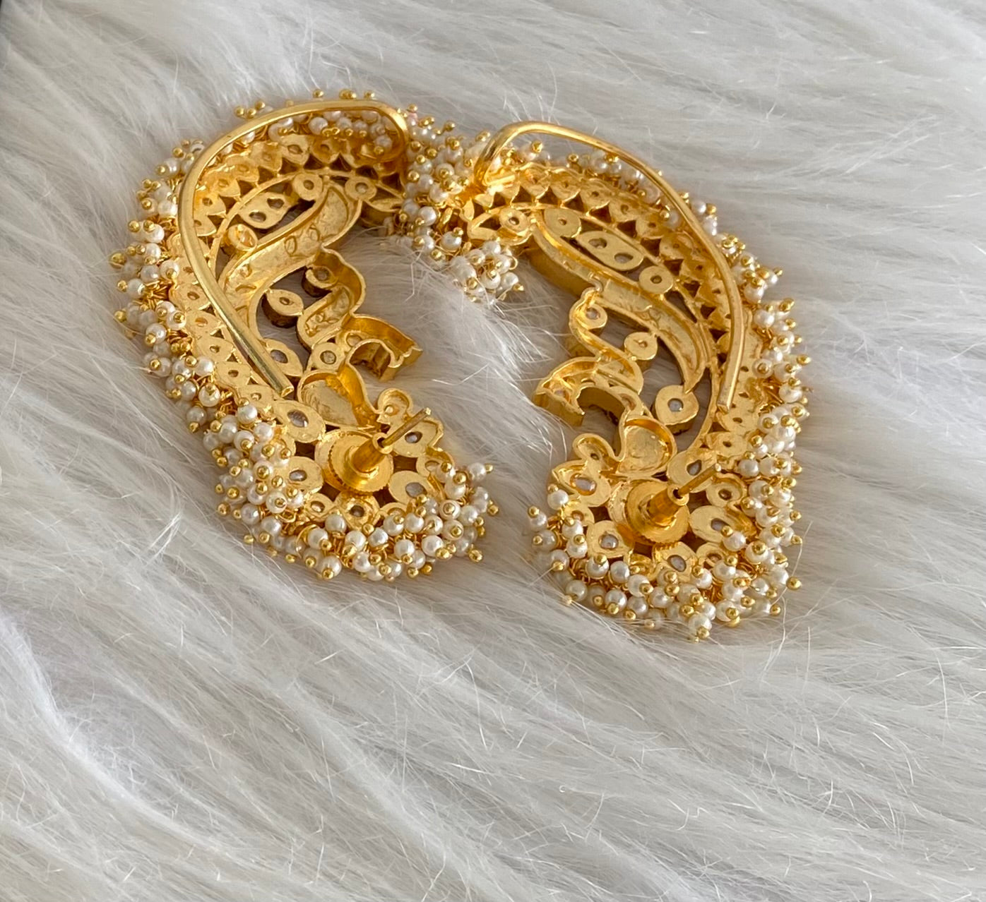 Gold tone pink-white kundan jadau big peacock khanpool earrings dj-54569