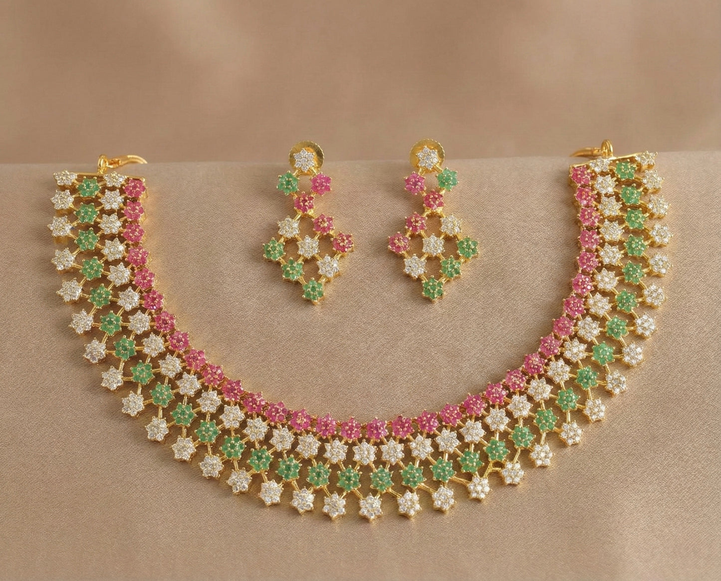 Gold tone Cz Ruby-green nakshatra Necklace Set-dj17240