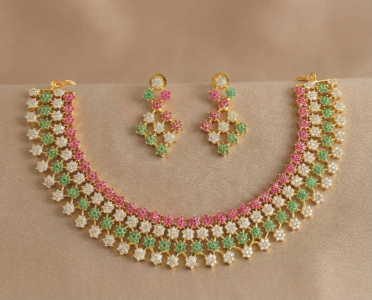 Gold tone Cz Ruby-green nakshatra Necklace Set-dj17240