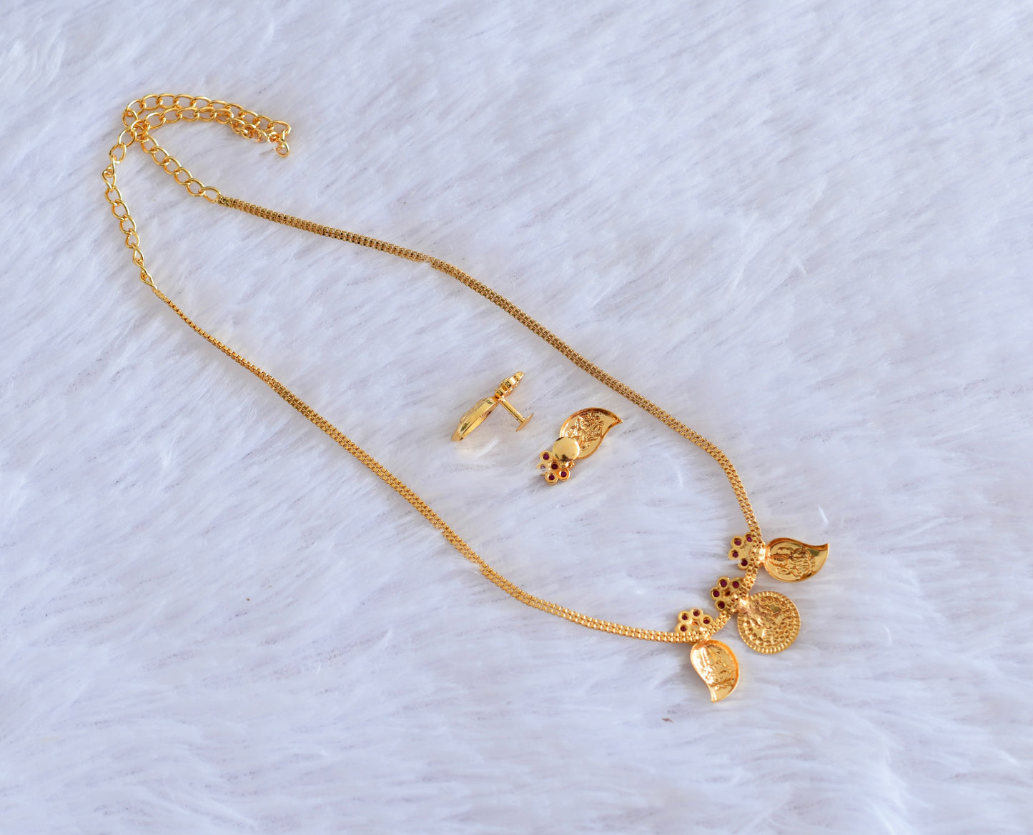 Gold tone pink stone mango lakshmi coin necklace set dj-53044