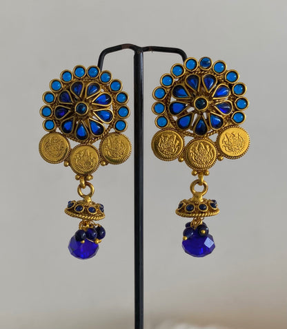 Antique gold tone blue stone lakshmi coin flower earrings dj-54792