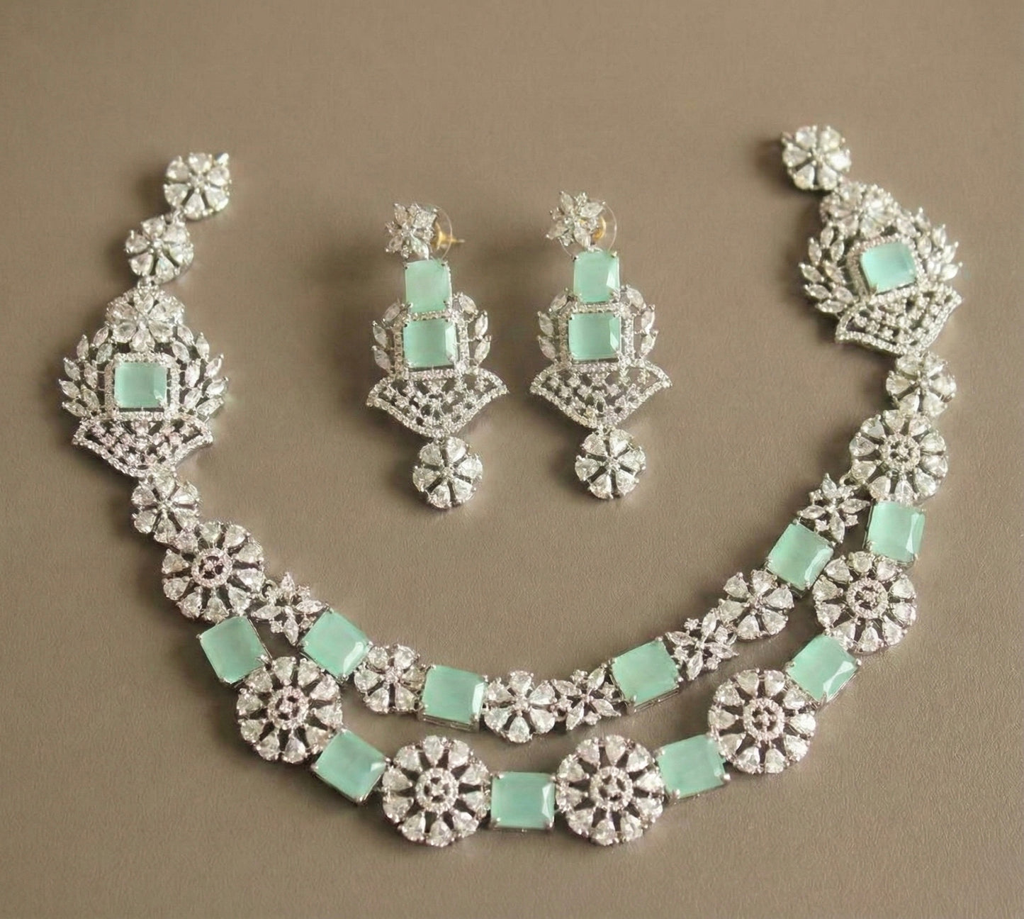 Silver tone cz sea green double layer necklace set DJ28898