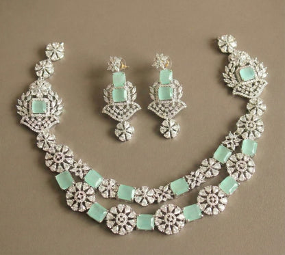 Silver tone cz sea green double layer necklace set DJ28898