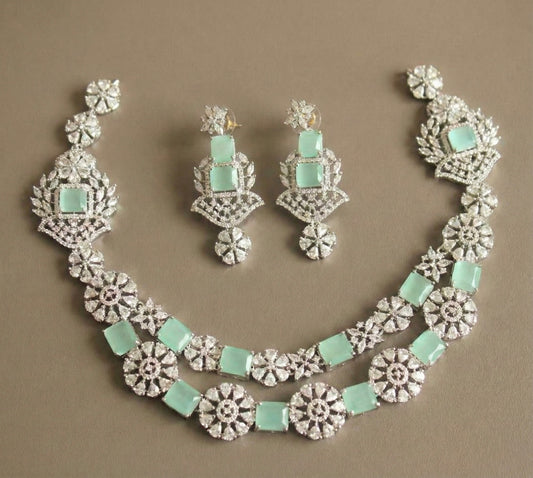 Silver tone cz sea green double layer necklace set DJ28898