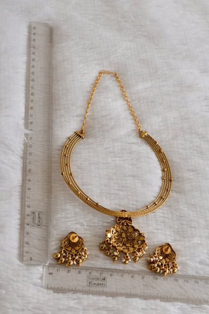 Antique gold tone pink-green kundan jadau kante necklace set dj-52419