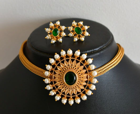 Matte finish green-pearl oval necklace set dj-52206