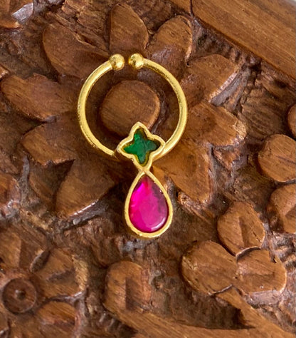 Gold tone kundan jadau pink-green stone nose pin/bulakku dj-53761