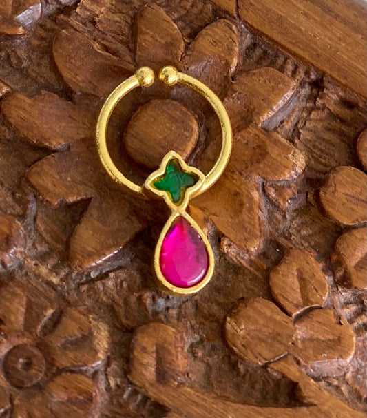 Gold tone kundan jadau pink-green stone nose pin/bulakku dj-53761