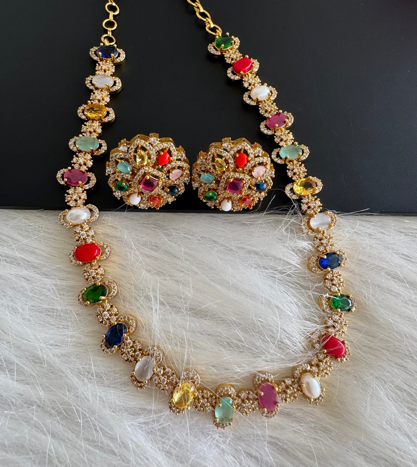 Matte finish cz navarathna stone flower necklace set dj-51208