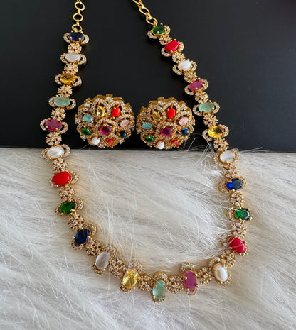 Matte finish cz navarathna stone flower necklace set dj-51208