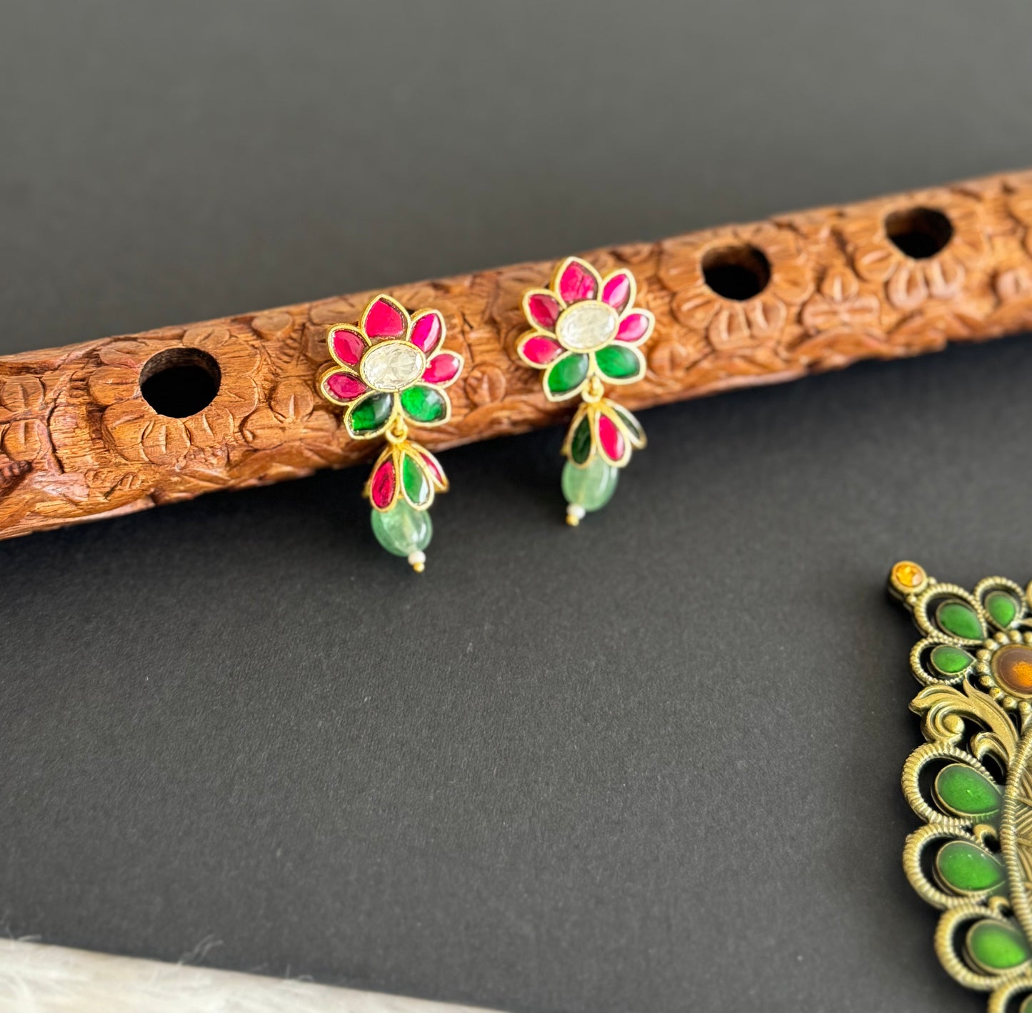 Gold tone pink-green-white kundan jadau lotus green beaded jhumkka dj-51503